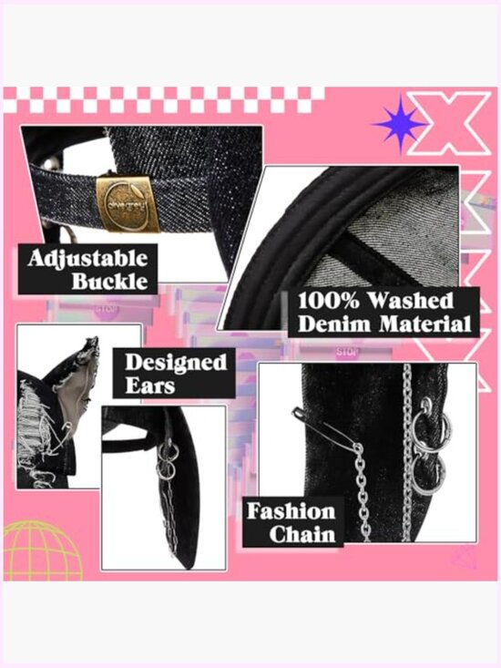 Distressed Denim Y2K Grunge Hat with Bunny Ears and Cat Ears Adjustable main image 4